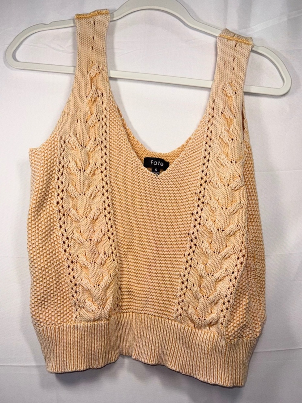Fate Women Preppy Festival Cable-Knit Yellow Crop Oversize Tank Top Size Small